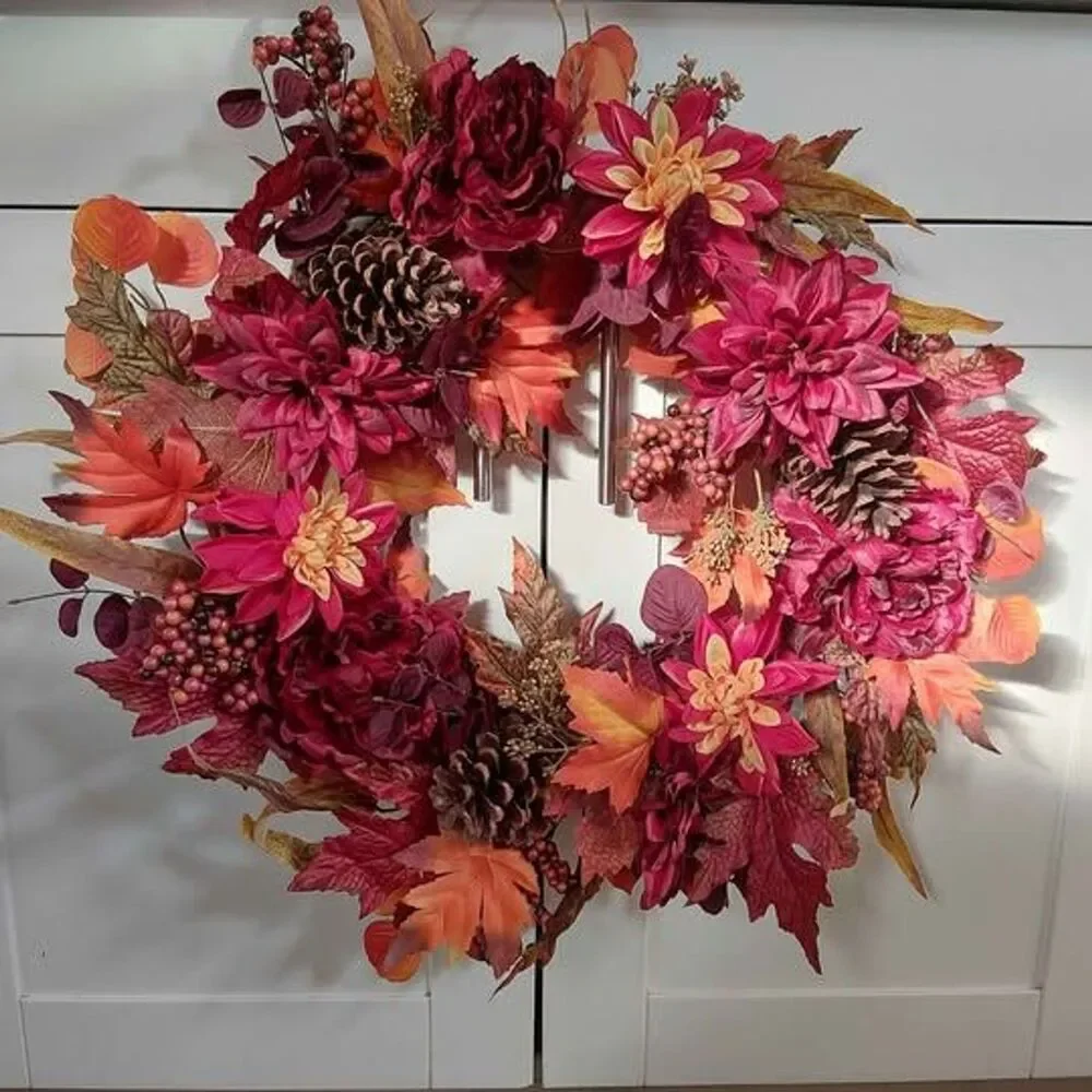 Door Wreath Autumn Dahlia, maple leaves and pinecone BURGUNDY RED ORANGE FLOWERS